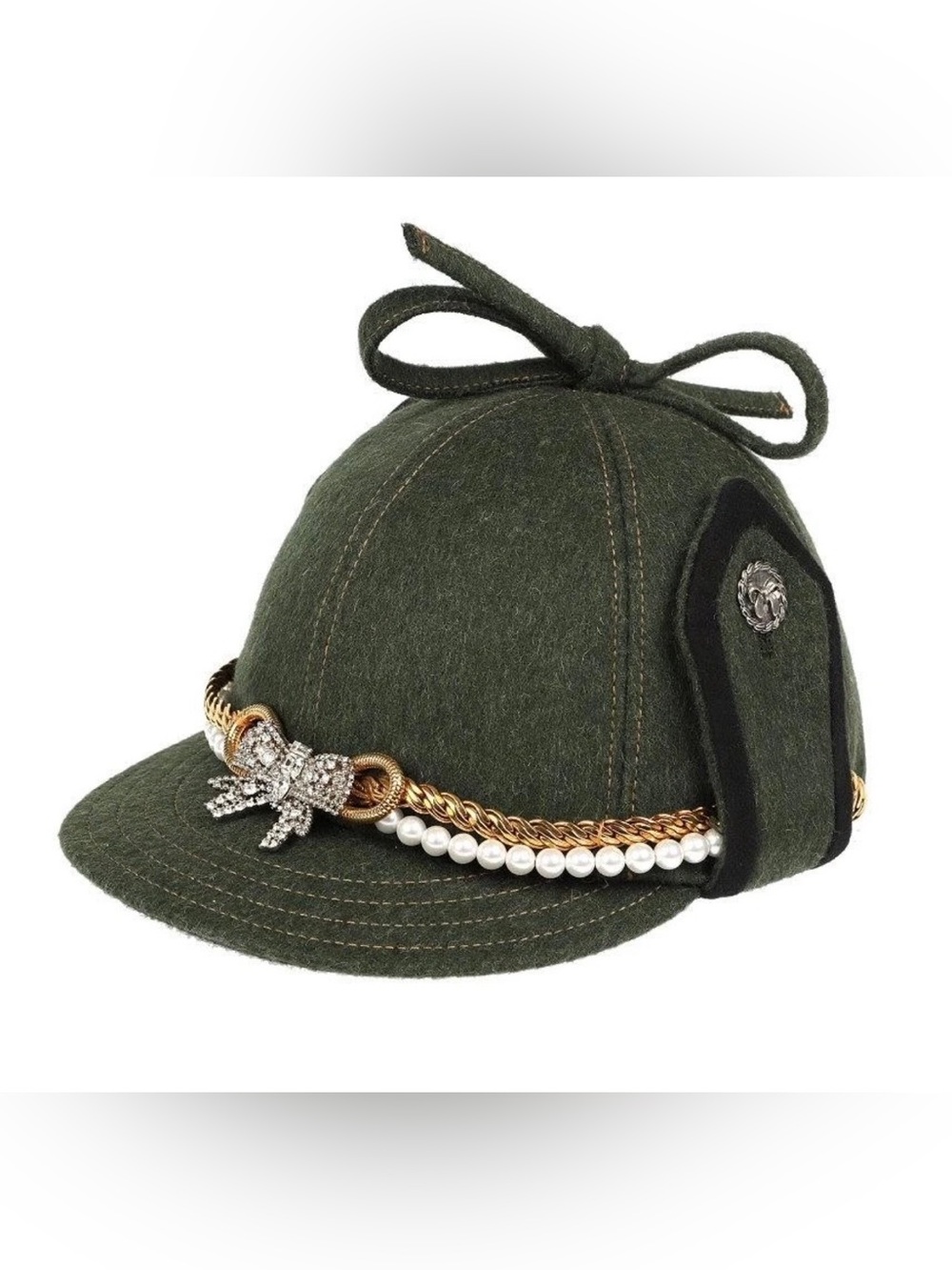 NEW MIU MIU MILITARY GREEN FELT WOOL LIMITED ADD JEWELRY EMBROIDER VISOR HAT
